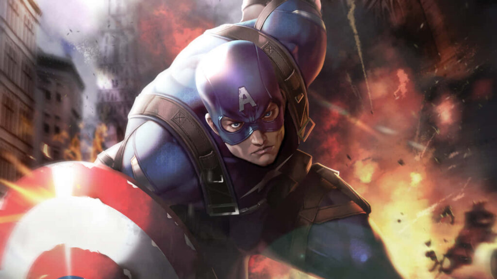 Explosive Marvel Hero: Captain America Engulfed in Epic Cityscape Wallpaper