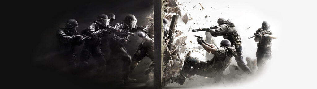 Wall-Crushing Warriors: Tom Clancy's Rainbow Six Siege Soldiers Engaging Foes Head-On in an Epic 5120x1440 Battle Wallpaper