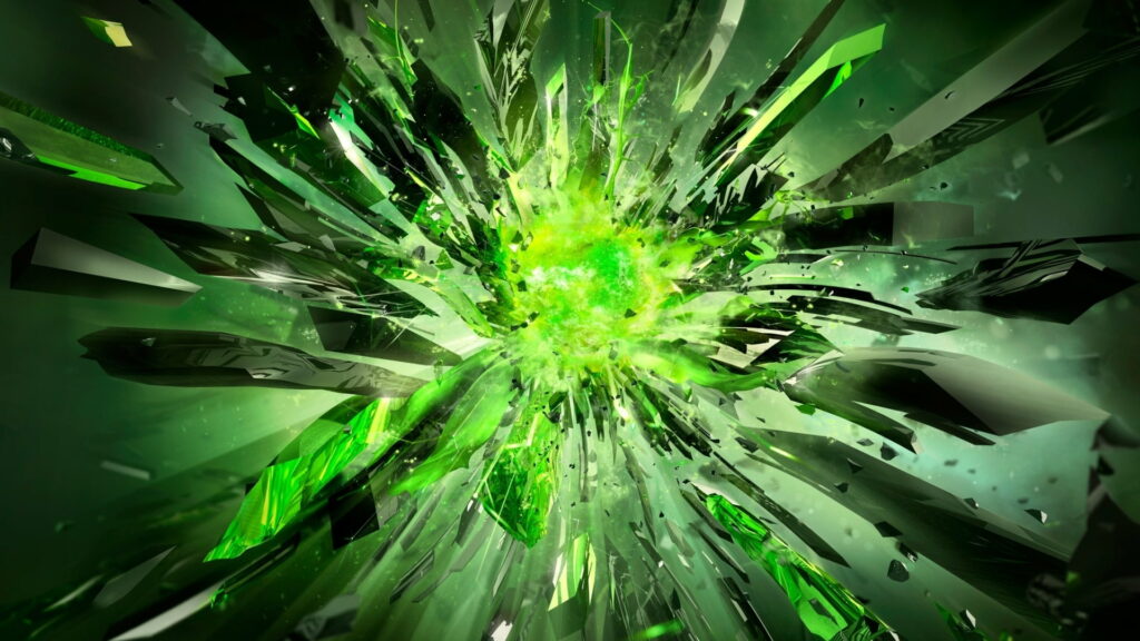 Shattered Emerald: A Burst of Abstract Energy - HD Digital Art Wallpaper with Cracked 3D Crystal and Explosive Patterns
