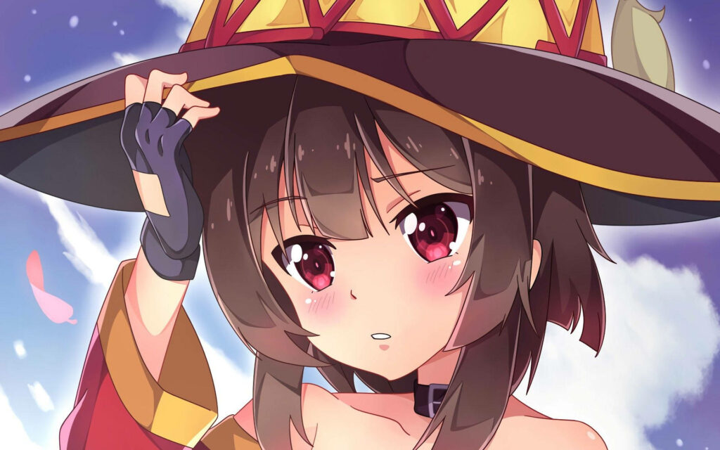 Megumin, the Spellbinding Sorceress: Captivating Close-up with Hat, Amidst Dreamy Violet and White Backdrop Wallpaper