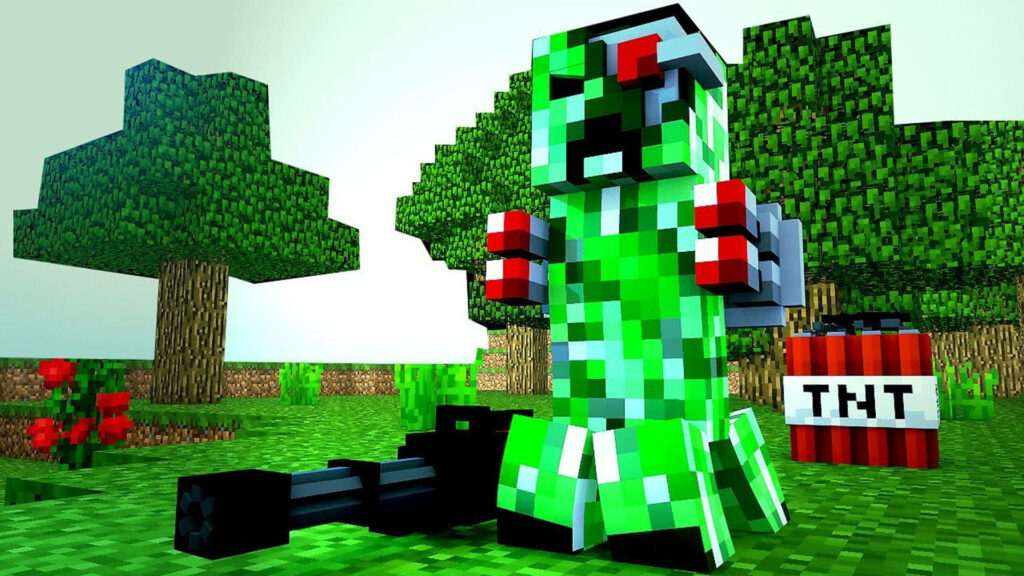 Explosive Encounter: A Minecraft Creeper Armed for Daytime Destruction, with a Blazing Background Wallpaper