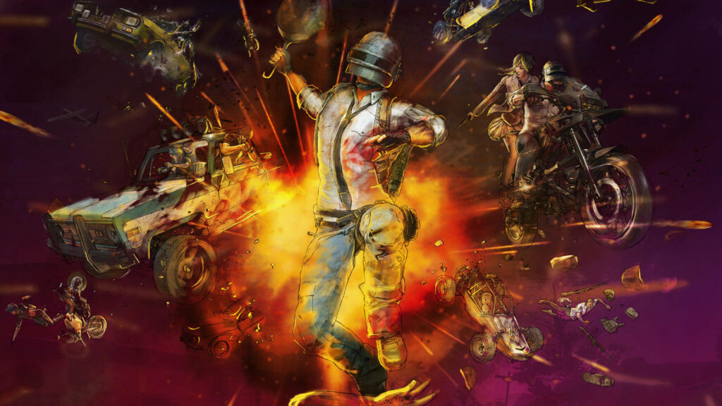 Adrenaline-Fueled Escape: Pubg Pro Leaps from Vehicle Inferno in Epic Backdrop (Full Screen) Wallpaper