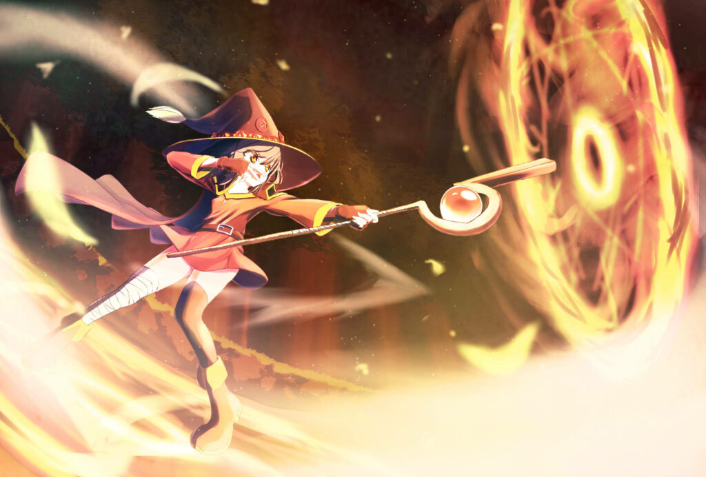 Flaming Power: Megumin's Aerial Arch Wizardry Wallpaper