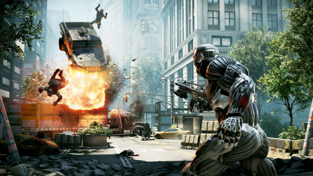 Intense Crysis 3 Soldier in Nanosuit Armor Fires Futuristic Weapon in Urban Battlefield Explosion Background Wallpaper
