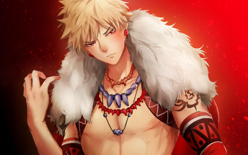 Blasting into Tradition: Bakugo's Tribal Transformation amidst Crimson Splendor Wallpaper