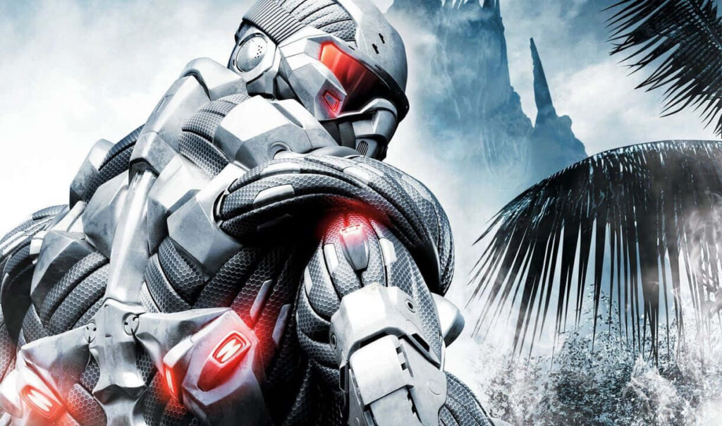 Crysis 3 Nanosuit protagonist battles through futuristic cityscape in intense wallpaper