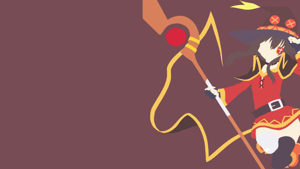 Explosive Elegance: Megumin Strikes a Pose in Minimalist Vector Art Wallpaper with Staff on Fiery Backdrop