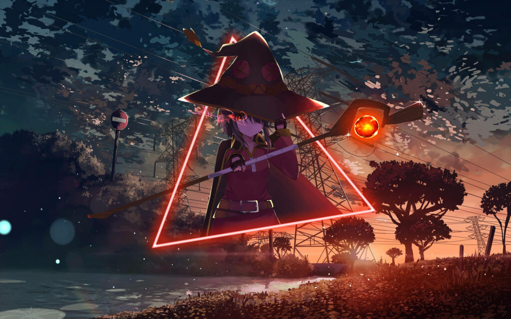 Casting Crimson Spells: Megumin Enchants with her Magical Staff in a Radiant Anime Poster Wallpaper