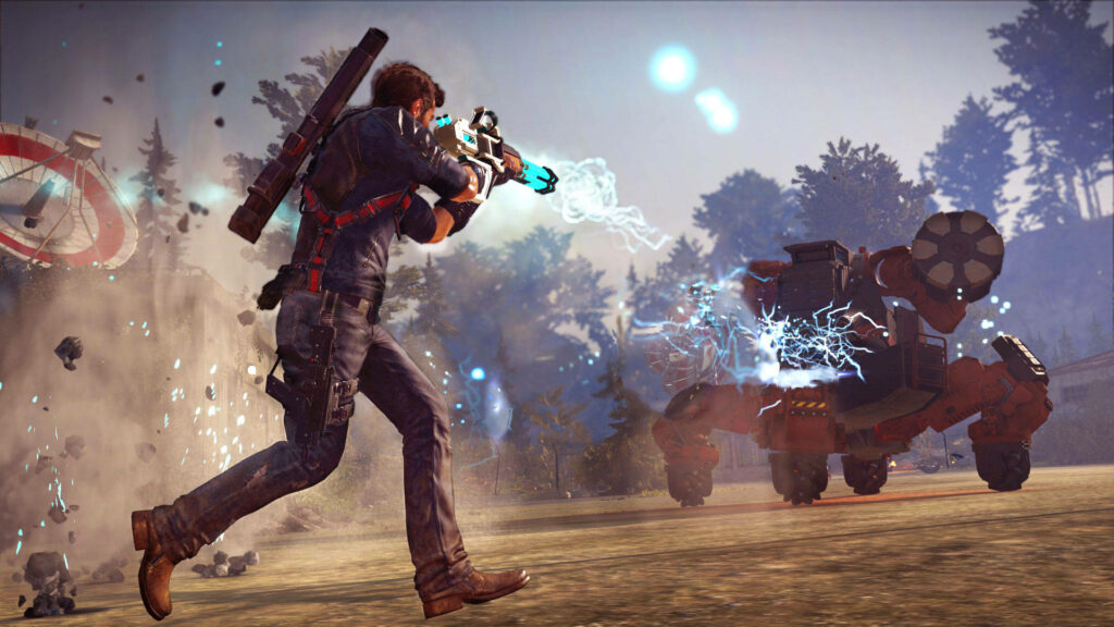 Explosive Showdown: Protagonist Engages in Thrilling Firefight atop Red Quadrupedal Structure with Satellite Dish Background - Just Cause 2 Action Shot Wallpaper
