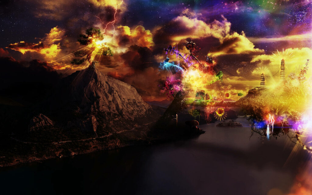 Electric Skies: A Mind-Bending Display of Thunderous Explosions and Psychedelic Fireworks Wallpaper