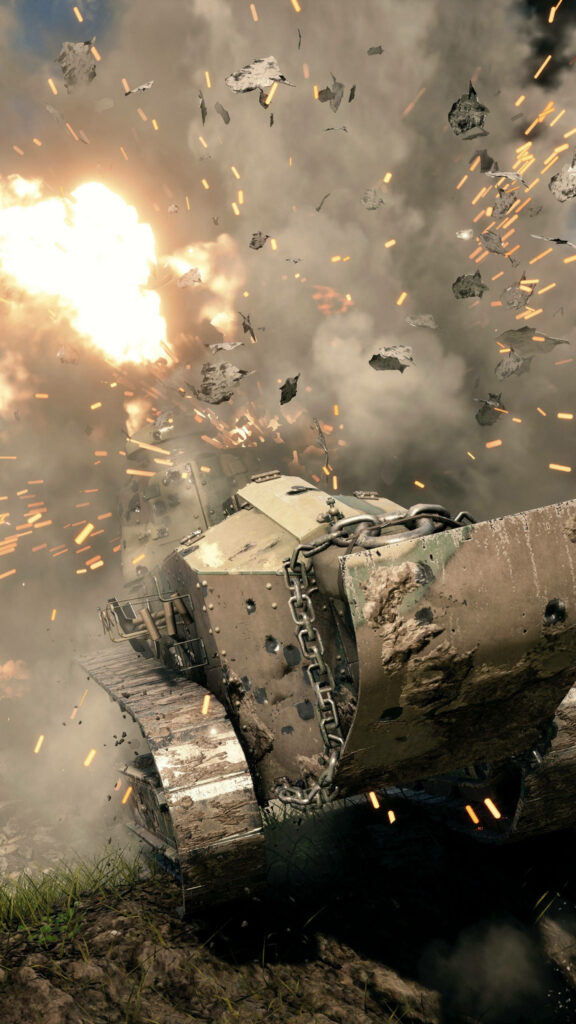 Intense carnage: Stunning Battlefield 1 4K mobile wallpaper showcasing a Tanker demolishing amidst a colossal explosion