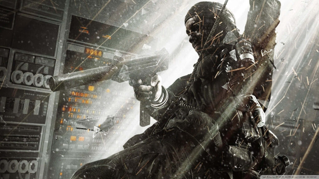 Intense Call of Duty Black Ops II wallpaper with soldier in combat gear amidst shattered glass and high-tech equipment