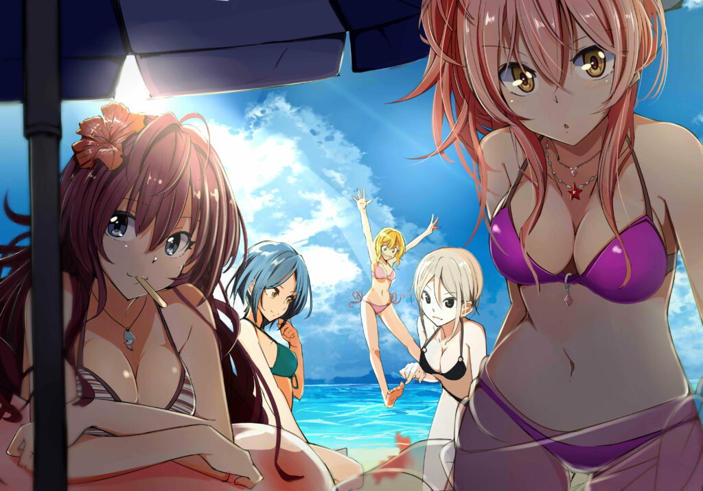 Bikini Babes by the Beach: A Stunning Anime Team Soaking up the Sun in 4K Wallpaper