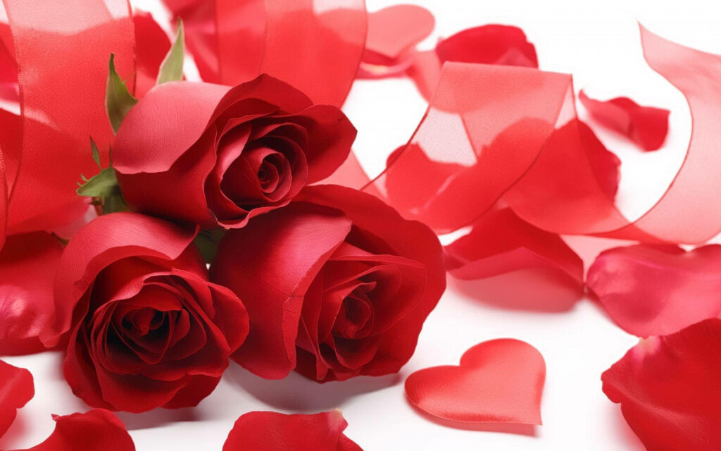 Enchanting Love Blossoms: Captivating Red Roses Amidst Petals and Ribbon Harmony Wallpaper