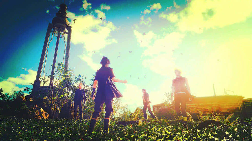 Gathering of Final Fantasy XV Characters amidst Serene Floral Haven and Towering Satellite Monolith Wallpaper