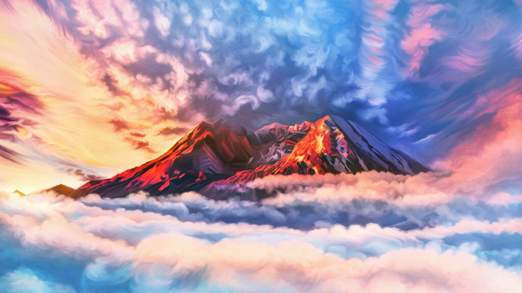 Vibrant Mountain Art: Dreamy HD Wallpaper with Colorful Clouds