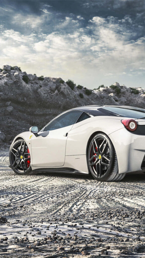 White Ferrari Car Against a Mountain - iPhone Background Wallpaper