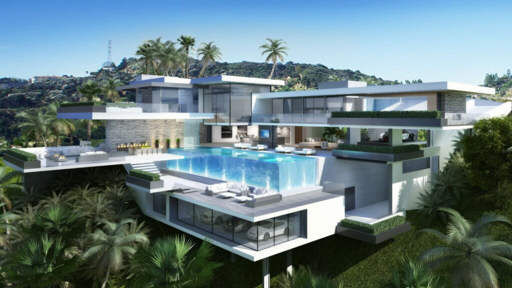 Ultra-modern tropical hillside mansion with glowing infinity pool and exotic car garage exterior Wallpaper