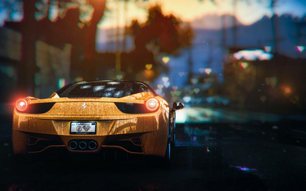 Nightfall Elegance: Mesmerizing Back View of a Yellow Ferrari 458 Speeding on the Road Wallpaper