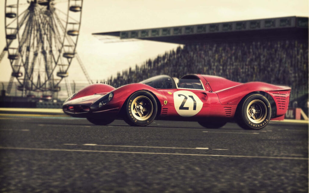 Radiant Red Supremacy: Stunning Digital Wallpaper Showcasing Ferrari 330 P3 Variant No. 21 amid Captivating Scenery