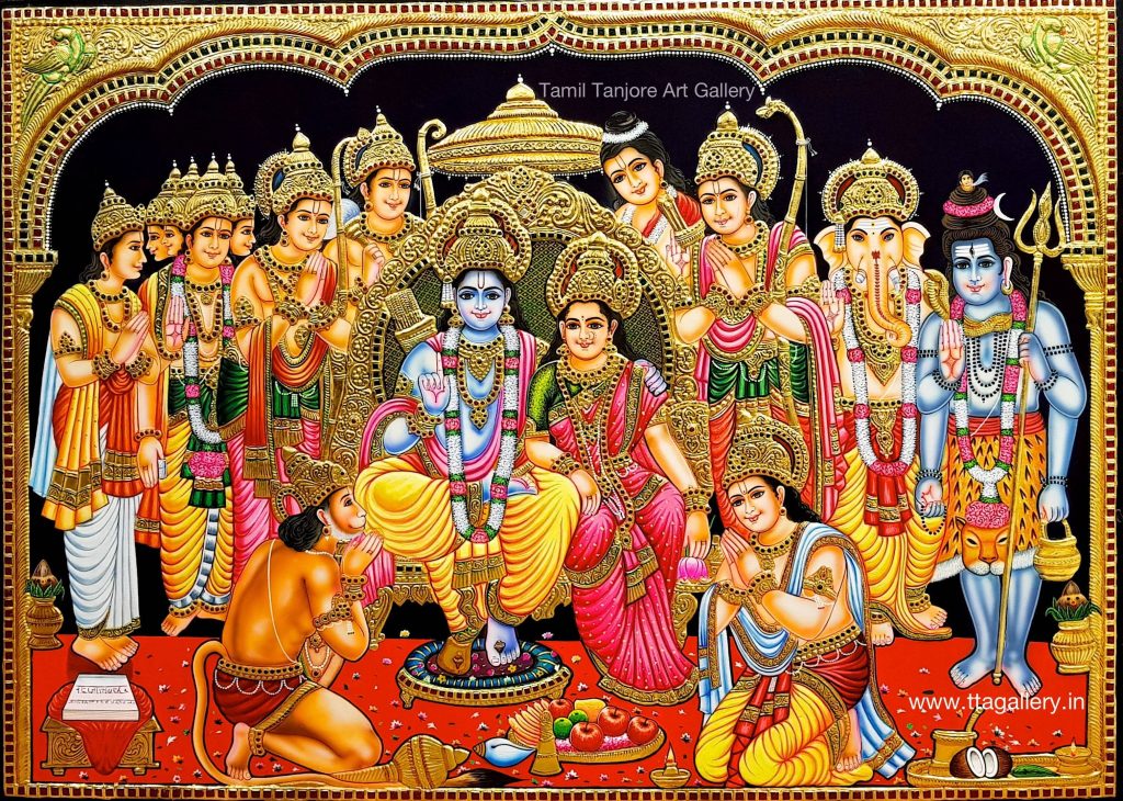 Tanjore Ram Darbar wallpaper with Lord Rama Sita Lakshmana Hanuman gold accents black background