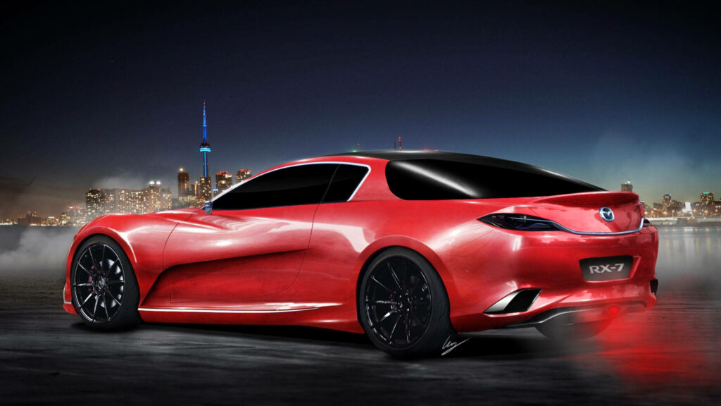 Unveiling the Marvel: Stunning Red Mazda Rx-7 Revealing Silver Accents by the Waterfront Wallpaper