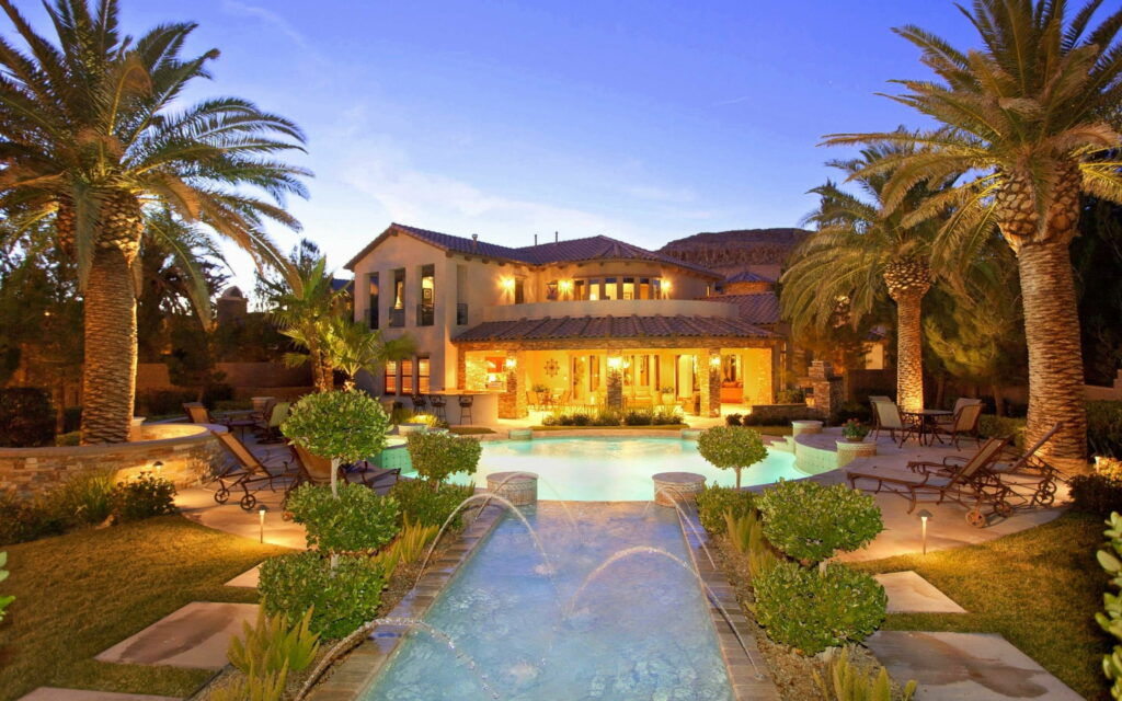 Exquisite Mediterranean Villa with Breathtaking Architecture, Serene Fountains, and Lush Palm Tree Surroundings Wallpaper