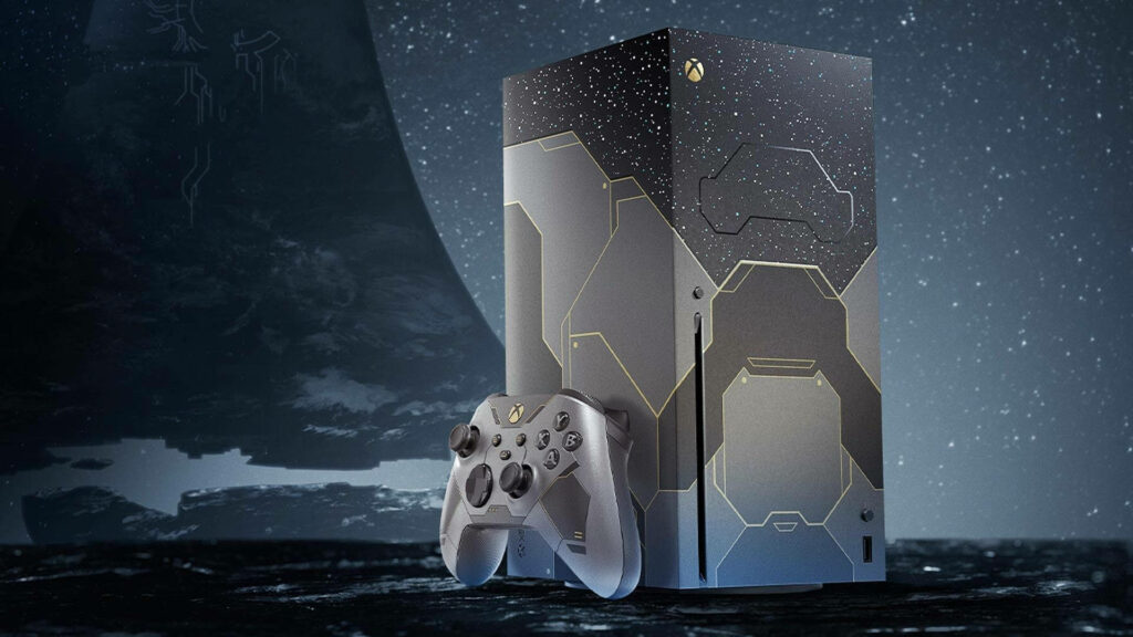Limited Edition Halo Infinite Xbox Series X Console and Controller in Sleek Black and Grey with Luxurious Gold Accents Wallpaper