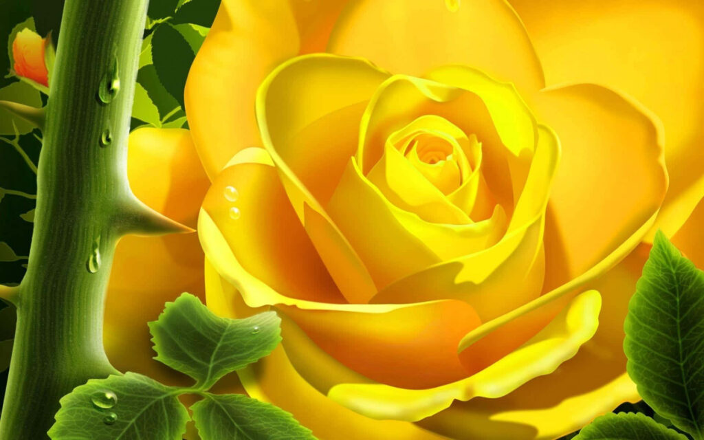 Vivid 3D Yellow Flower Wallpaper with Lush Green Leaves & Water Droplets