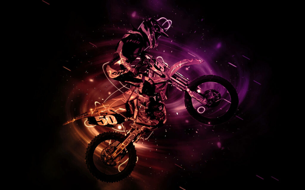 Dirt bike rider mid-air with neon purple and orange motocross background digital art wallpaper
