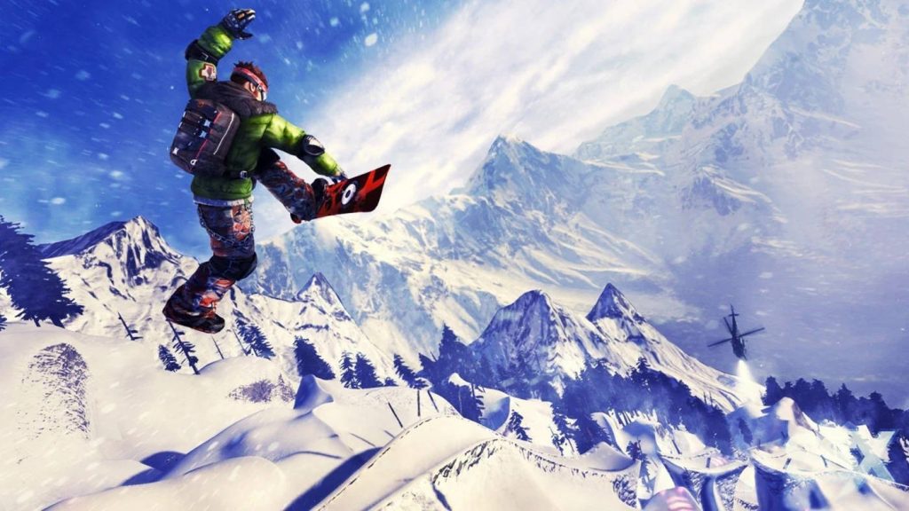 Snowboarder in green jacket airborne over snowy mountains vibrant extreme winter sports wallpaper