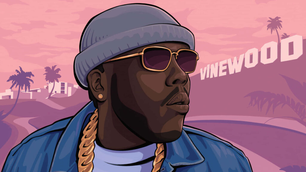 GTA 5's Iconic Protagonist Franklin in Vibrant Vinewood: A Striking Vector Art Masterpiece Wallpaper