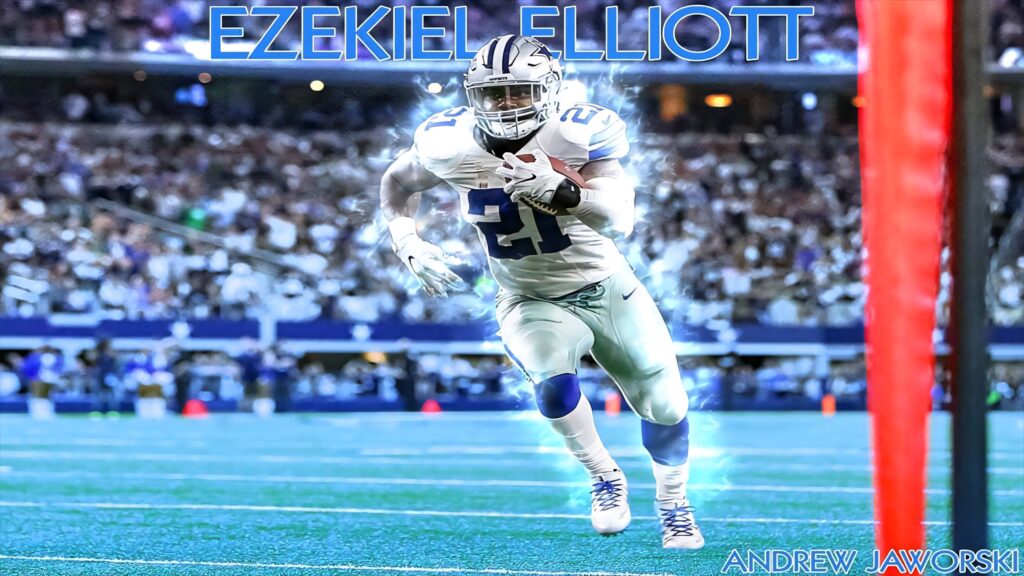 Ezekiel Elliott sprinting on blue football field with glowing effects at Dallas Cowboys stadium Wallpaper