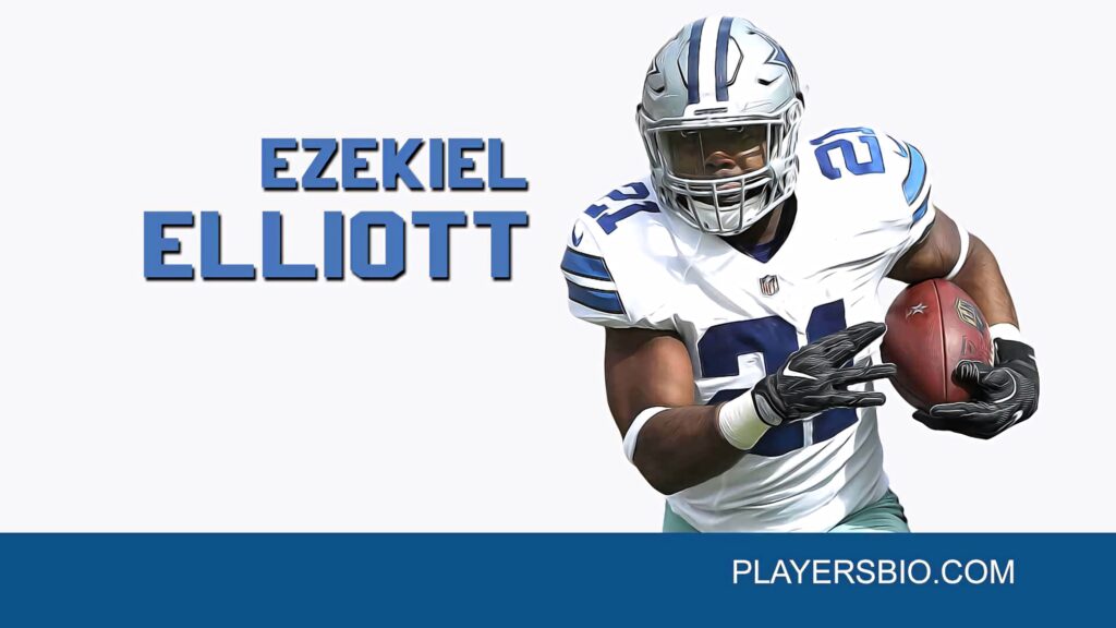 Ezekiel Elliott Dallas Cowboys running with football dynamic pose blue text wallpaper background