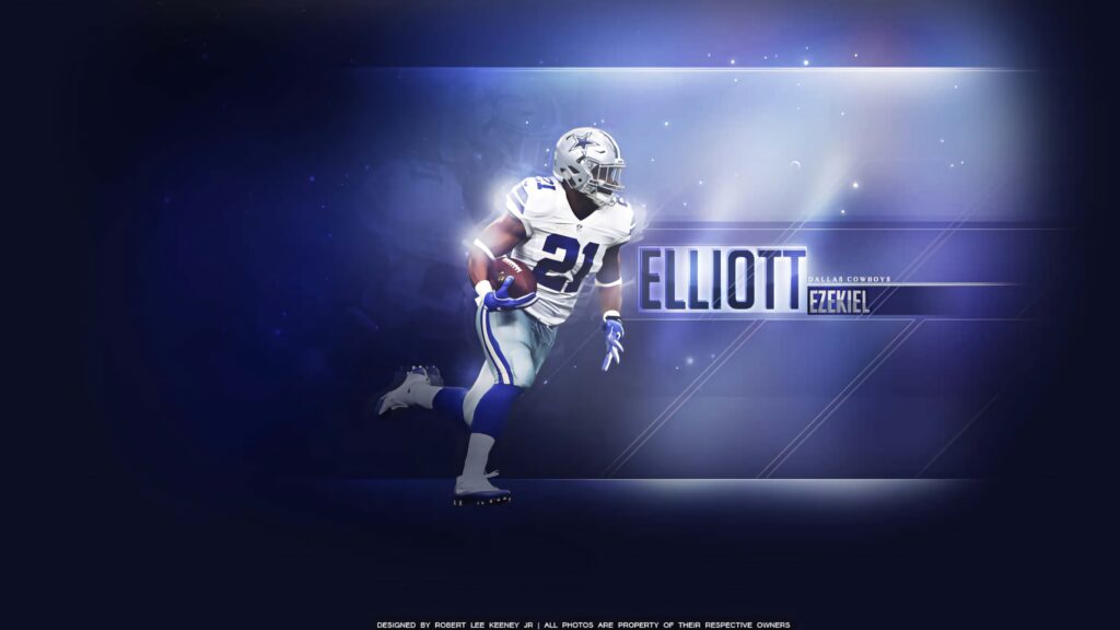 Ezekiel Elliott Dallas Cowboys running back in action on blue background with bold modern text Wallpaper