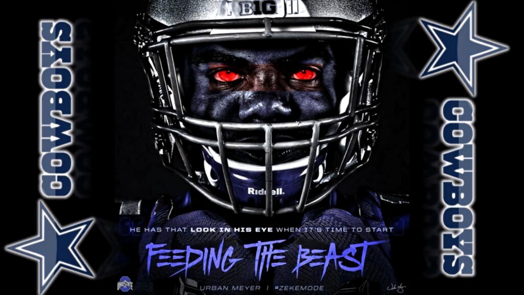 Close-up Ezekiel Elliott NFL helmet glowing red eyes intense Cowboys wallpaper background