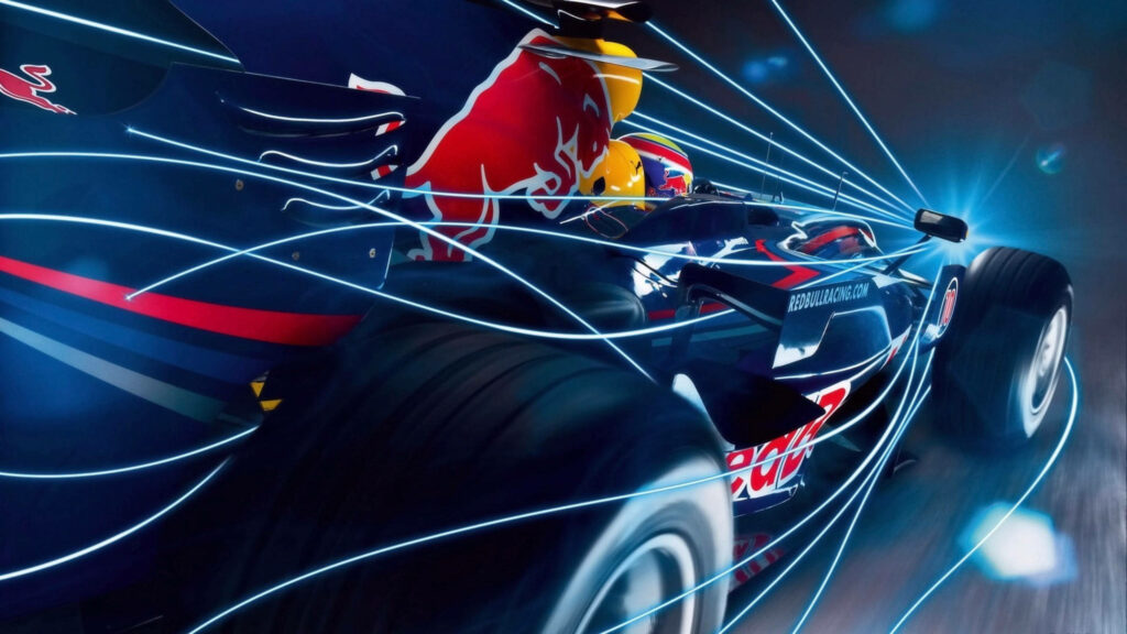 F1 racing car in motion with blue light trails speed aerodynamic power digital wallpaper