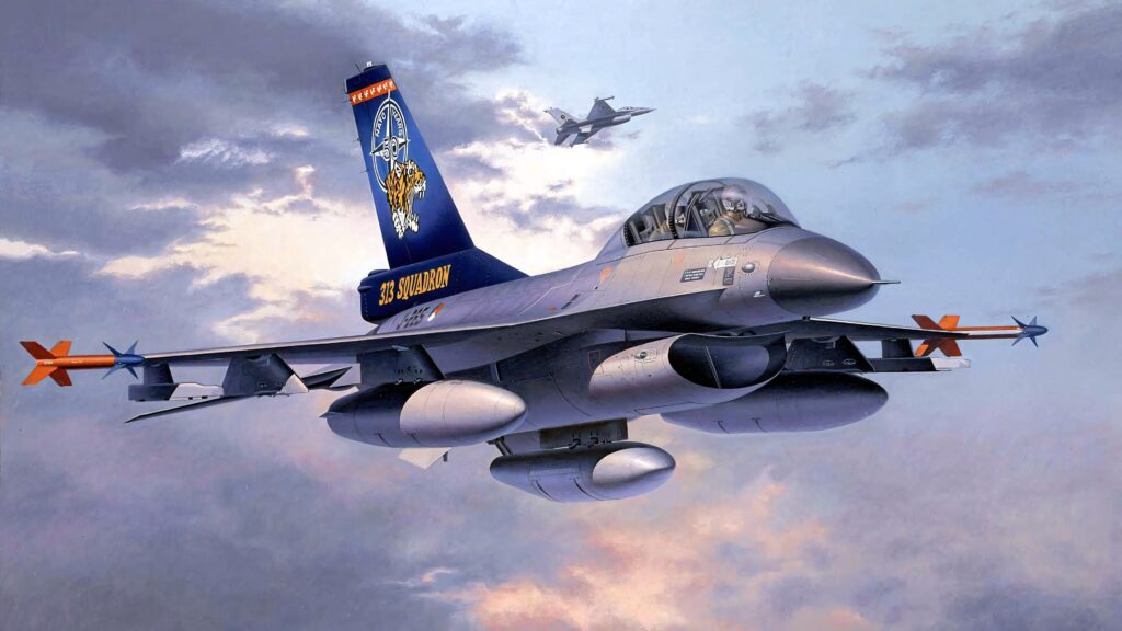 General Dynamics F-16 Fighting Falcon jet soaring in cloudy sky with vibrant tail art wallpaper background