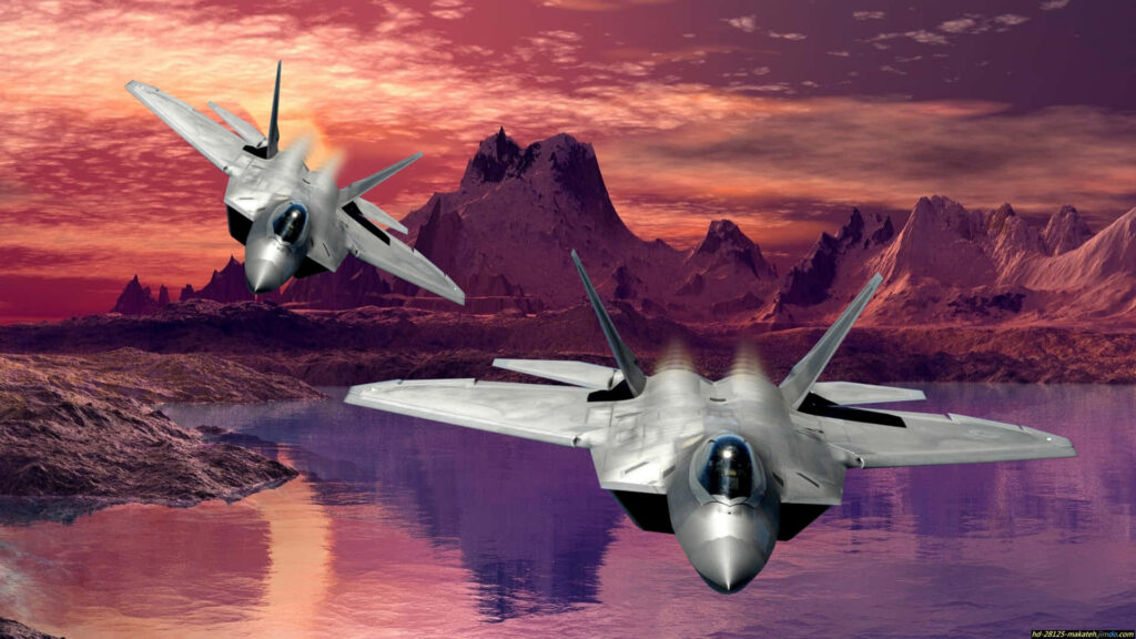 Lockheed Martin F-22 Raptor jets flying over mountains at sunset with colorful water reflection wallpaper