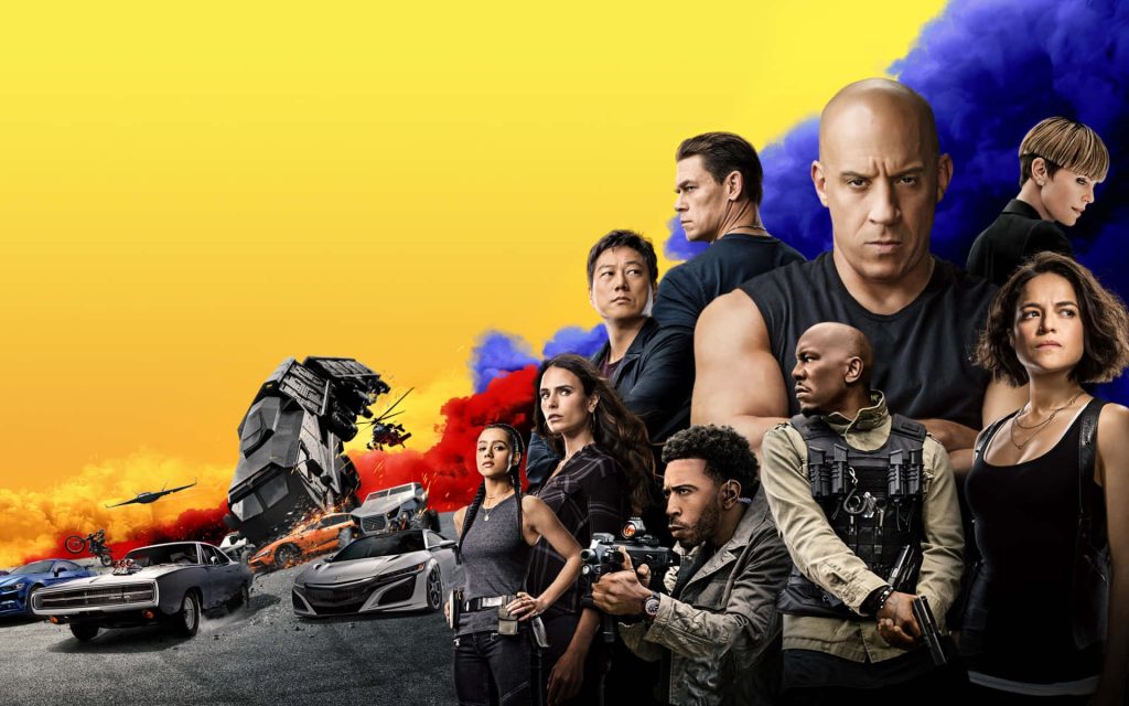 F9 movie poster with Vin Diesel John Cena action sports cars yellow background HD wallpaper