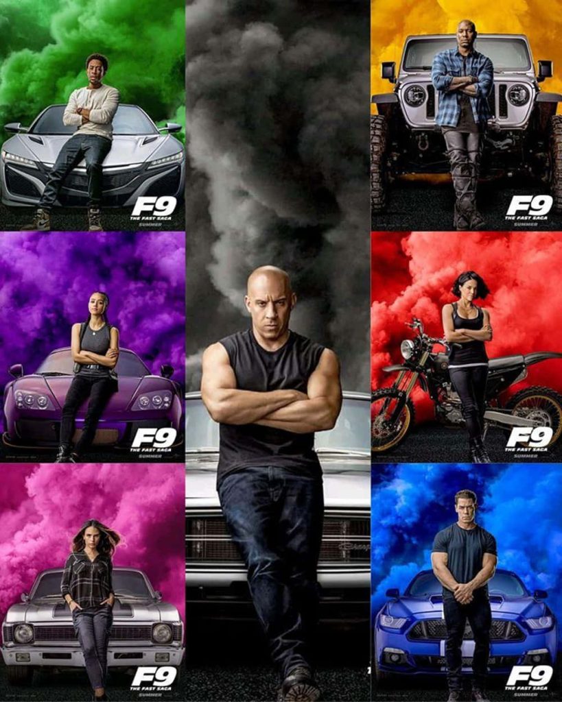 F9 Fast Saga wallpaper with cast Vin Diesel Michelle Rodriguez John Cena and vibrant smoke backgrounds