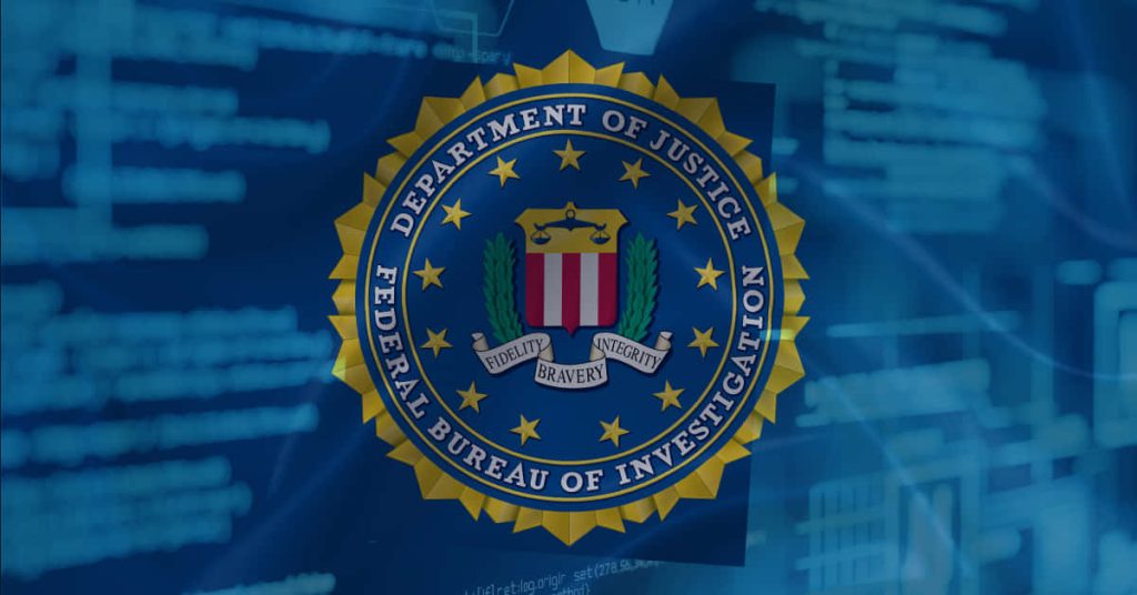Official FBI seal on blue cyber background with blurred data code digital wallpaper design
