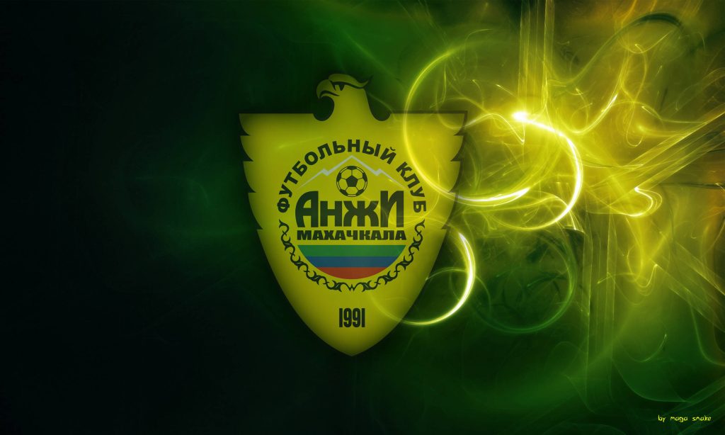 FC Anzhi Makhachkala crest with green yellow fractal lights dark digital soccer wallpaper background