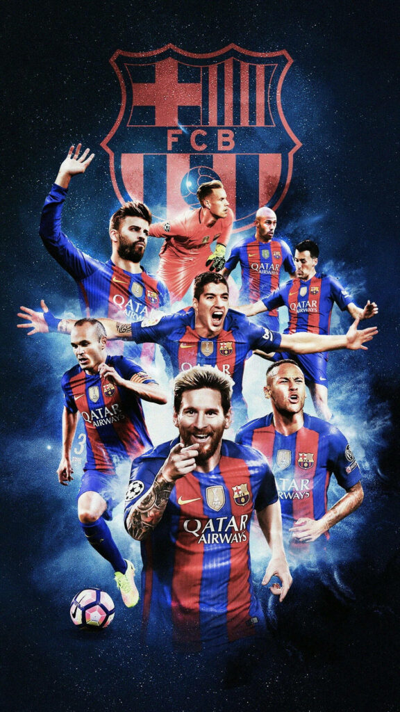 FC Barcelona wallpaper with starry background showing players in action under club crest