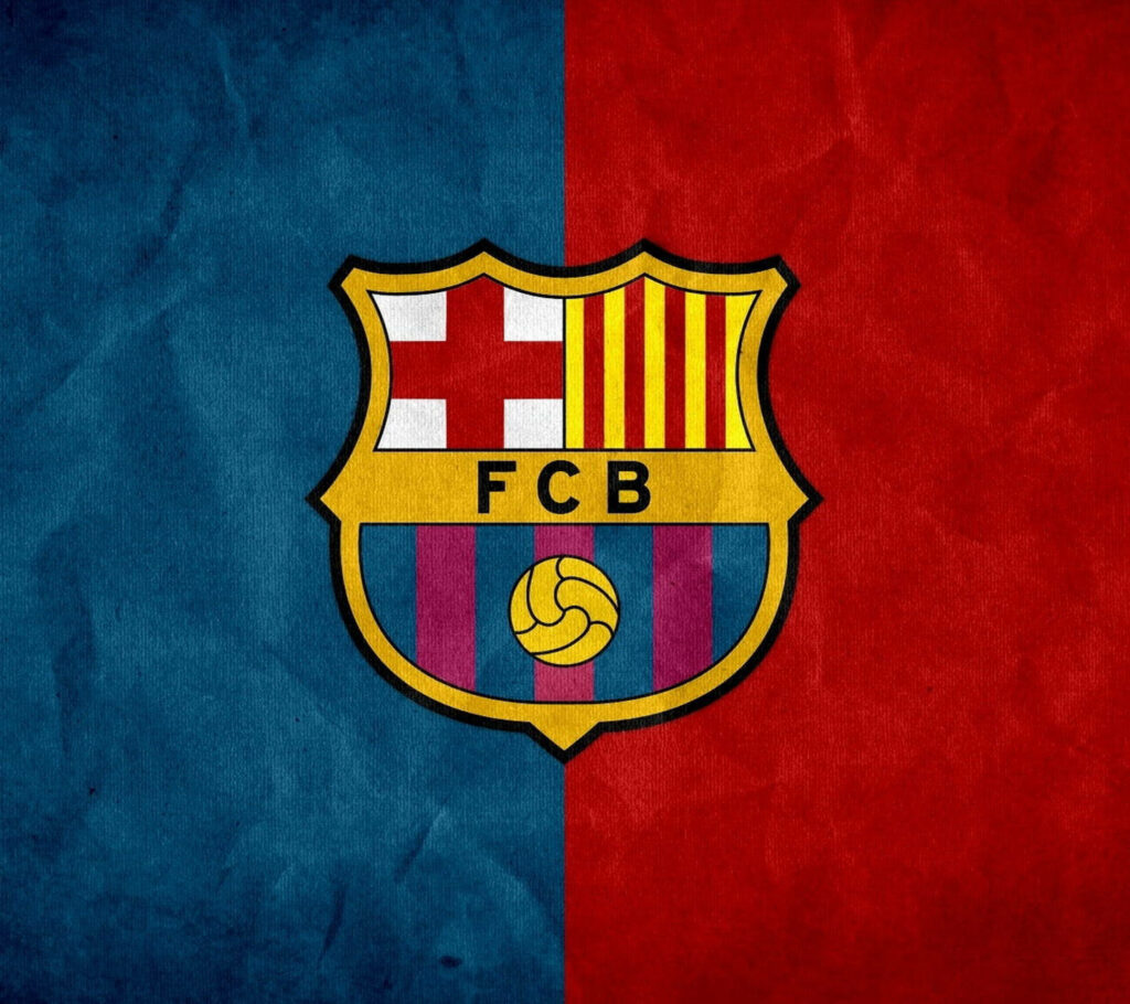 FC Barcelona logo on textured paper background with blue and red split colors wallpaper design