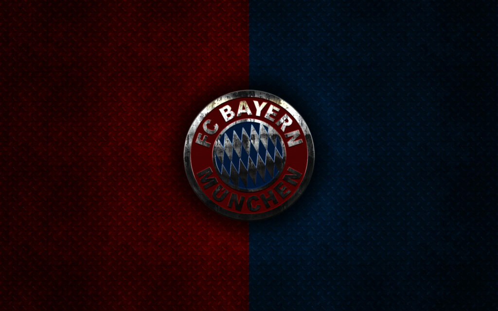 FC Bayern Munich logo dark steel design on split red and blue textured football wallpaper
