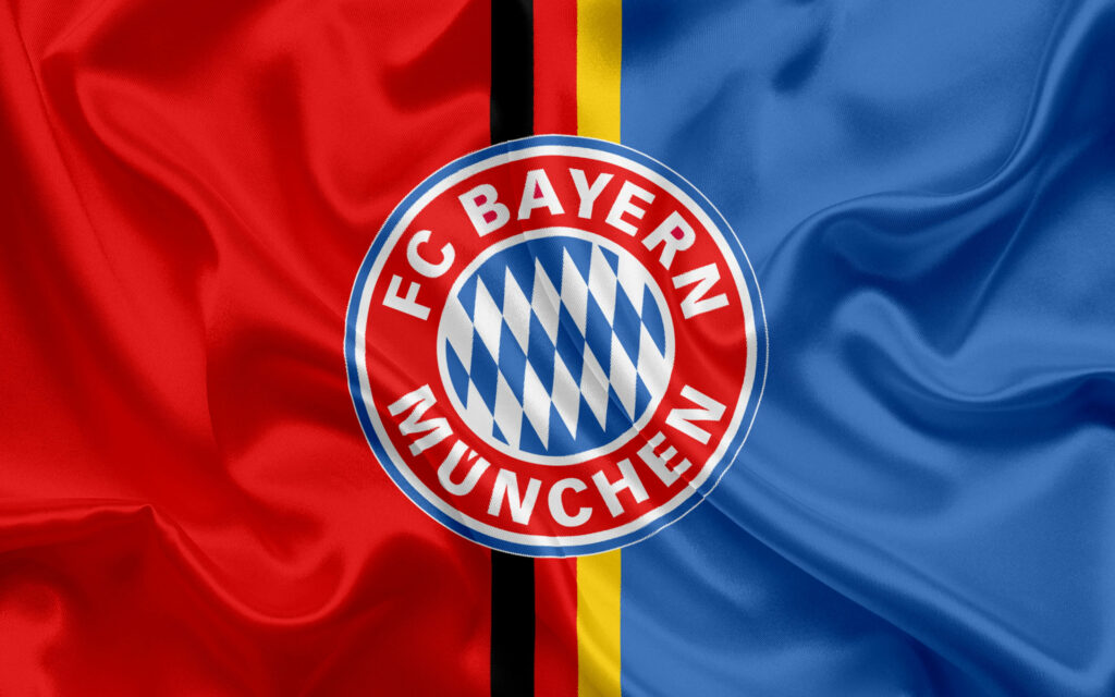 FC Bayern Munich logo on red and blue fabric flag textured wallpaper background
