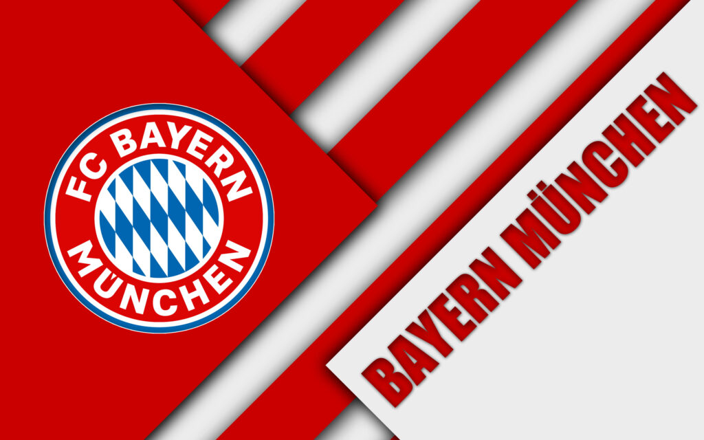 FC Bayern Munich emblem on bold red and white geometric background wallpaper design