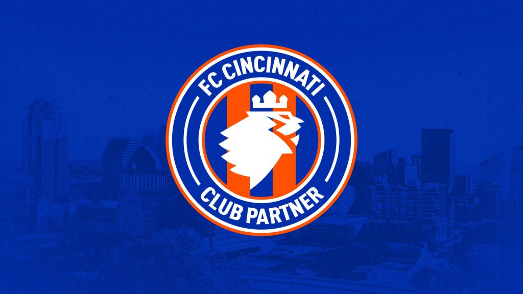 FC Cincinnati wallpaper with lion crest club partner text blue orange Cincinnati skyline background