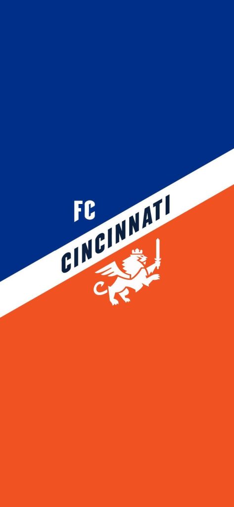 FC Cincinnati mobile wallpaper with royal blue orange split color white sash and winged lion crest